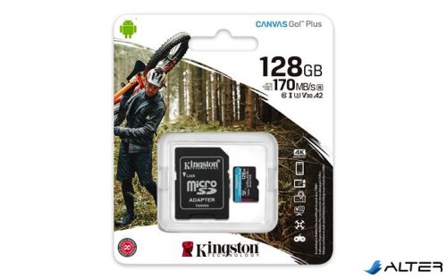 Memóriakártya, microSDXC, 128GB, C10/UHS-I/U3/V30/A2, adapter, KINGSTON 'Canvas Go! Plus'