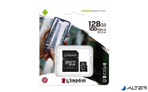 Memóriakártya, microSDXC, 128GB, CL10/UHS-I/U1/V10/A1, adapter, KINGSTON 'Canvas Select Plus'