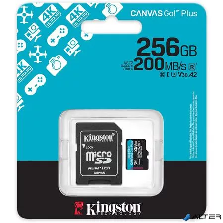 Memóriakártya, microSDXC, 256GB, C10/UHS-I/U3/V30/A2, Gen4, adapter, KINGSTON "Canvas Go! Plus"