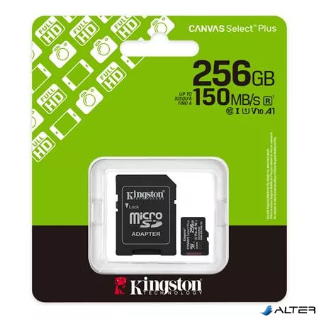 Memóriakártya, microSDXC, 256GB, C10/UHS-I/U1/V10/A1, Gen3, adapter, KINGSTON "Canvas Select Plus"