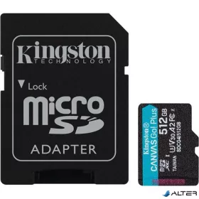   Memóriakártya, microSDXC, 512GB, C10/UHS-I/U3/V30/A2, Gen4, adapter, KINGSTON "Canvas Go! Plus"