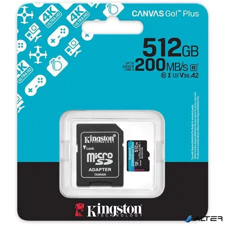 Memóriakártya, microSDXC, 512GB, C10/UHS-I/U3/V30/A2, Gen4, adapter, KINGSTON "Canvas Go! Plus"