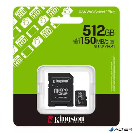 Memóriakártya, microSDXC, 512GB, C10/UHS-I/U3/V30/A1, Gen3, adapter, KINGSTON "Canvas Select Plus"