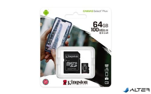 Memóriakártya, microSDXC,64GB, CL10/UHS-I/U1/V10/A1, adapter, KINGSTON "Canvas Select Plus"