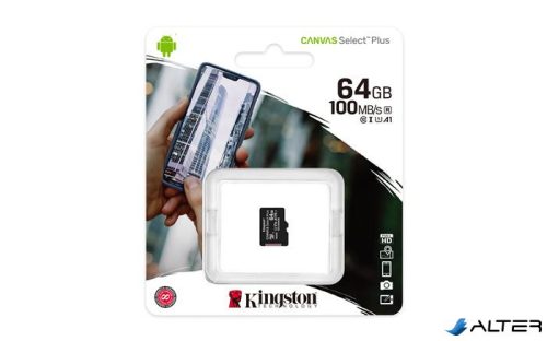 Memóriakártya, microSDXC,64GB, CL10/UHS-I/U1/V10/A1, KINGSTON 'Canvas Select Plus'