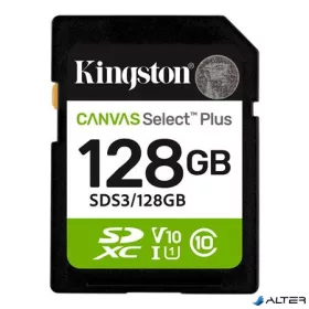   Memóriakártya, SDXC, 128GB, C10/UHS-I/U1/V10, Gen3, KINGSTON "Canvas Select Plus"
