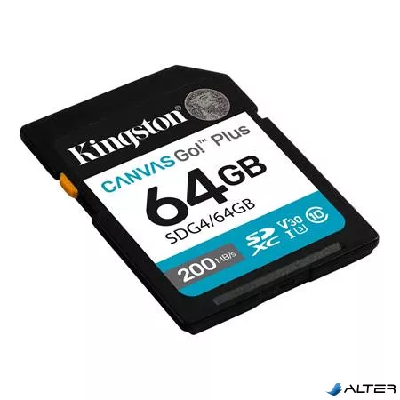Memóriakártya, SDXC, 64GB, C10/UHS-I/U3/V30, Gen4,KINGSTON "Canvas Go! Plus"