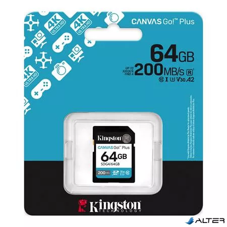 Memóriakártya, SDXC, 64GB, C10/UHS-I/U3/V30, Gen4,KINGSTON "Canvas Go! Plus"
