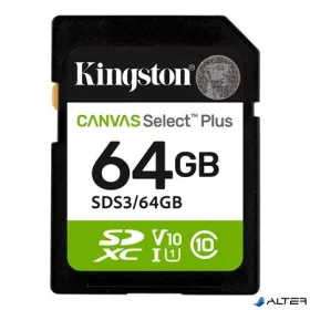   Memóriakártya, SDXC, 64GB, C10/UHS-I/U1/V10, Gen3, KINGSTON "Canvas Select Plus"