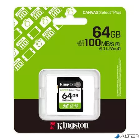 Memóriakártya, SDXC, 64GB, C10/UHS-I/U1/V10, Gen3, KINGSTON "Canvas Select Plus"
