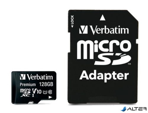 Memóriakártya, microSDXC, 128GB, CL10/U1, 90/10 MB/s, adapter, VERBATIM 'Premium'