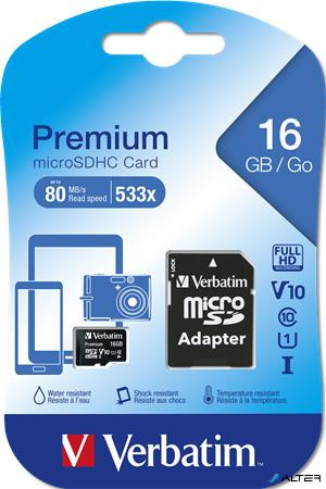 Memóriakártya, Micro SDHC, 16GB, Class 10, adapterrel, VERBATIM