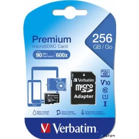   Memóriakártya, microSDXC, 256GB CL10/U1, 90/10 MB/s, adapter, VERBATIM "Premium"
