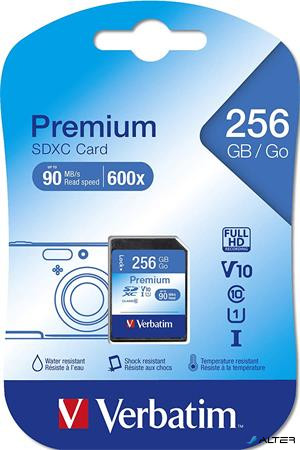 Memóriakártya, microSDXC, 256GB CL10/U1, 90/10 MB/s, adapter, VERBATIM 'Premium'
