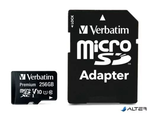 Memóriakártya, microSDXC, 256GB CL10/U1, 90/10 MB/s, adapter, VERBATIM 'Premium'