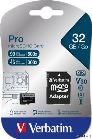 Memóriakártya, microSDHC, 32GB, Class 10 UHS I, adapterrel, VERBATIM "PRO"