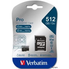   Memóriakártya, microSDXC, 512GB, CL10/U3/A2, 100/90 MB/s, adapter, VERBATIM 'PRO'