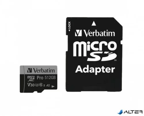 Memóriakártya, microSDXC, 512GB, CL10/U3/A2, 100/90 MB/s, adapter, VERBATIM 'PRO'