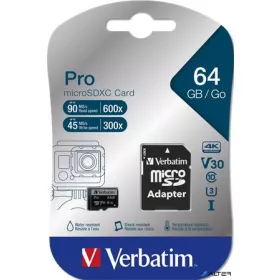   Memóriakártya, microSDXC, 64GB, CL10/U3, 90/45 MB/s, adapter, VERBATIM "PRO"