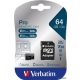 Memóriakártya, microSDXC, 64GB, CL10/U3, 90/45 MB/s, adapter, VERBATIM "PRO"