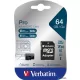Memóriakártya, microSDXC, 64GB, CL10/U3, 90/45 MB/s, adapter, VERBATIM 'PRO'