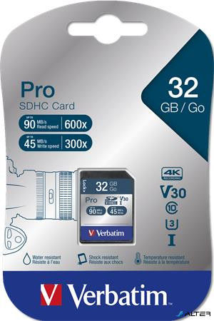 Memóriakártya, SDHC, 32GB, Class 10 UHS-I, 90/45MB/sec, VERBATIM "PRO"