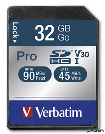 Memóriakártya, SDHC, 32GB, Class 10 UHS-I, 90/45MB/sec, VERBATIM "PRO"