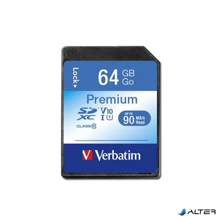 Memóriakártya, SDXC, 64GB, CL10/U1, 90/10 MB/s, VERBATIM 'Premium'