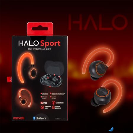 Fülhallgató, vezeték nélküli, Bluetooth, mikrofonnal, LED-es fülhallgató, MAXELL 'Halo Sport', fekete
