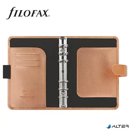 Kalendárium, gyűrűs, betétlapokkal, personal méret, FILOFAX, 'Saffiano Metallic', rózsaarany