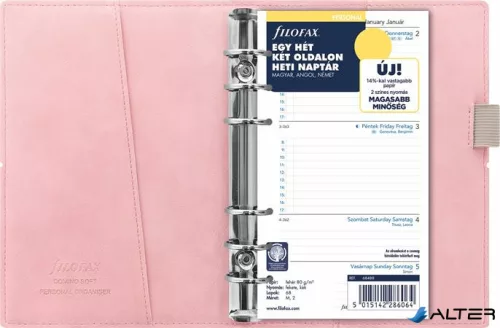 Kalendárium, gyűrűs, betétlapokkal, A5 méret, FILOFAX, 'Domino' Soft', pasztell rózsaszín