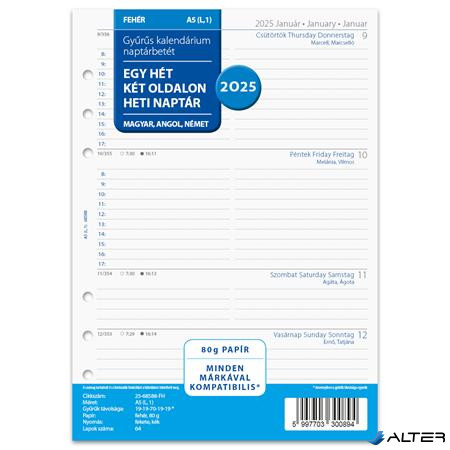 Kalendárium betét, tervező, Filofaxhoz, pocket méret, heti, 1 hét/2 oldal, 2025