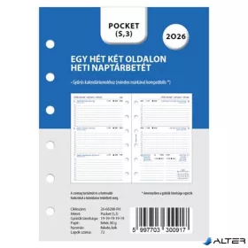   Kalendárium betét, tervező, heti, pocket (S) méret, FILOFAX, 2026