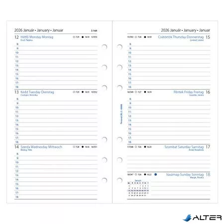Kalendárium betét, tervező, heti, personal (M) méret, FILOFAX, 2026