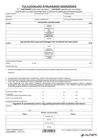 Nyomtatvány, tulajdonjog átruházási szerződés (adásvét.szer. gk), 4 példány,  A4,VICTORIA PAPER "A.REND 3"