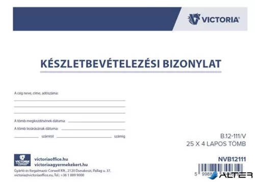 Nyomtatvány, készletbevételezési bizonylat, 25x4, A5, VICTORIA PAPER "B.12-111", 10 tömb/csomag