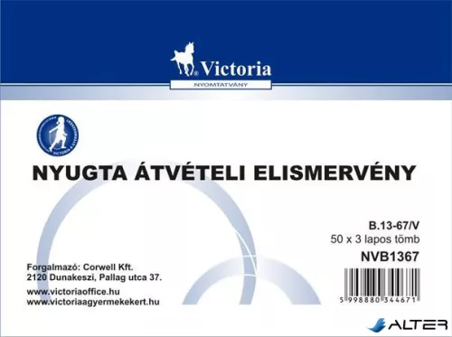 Nyomtatvány, nyugta átvételi elismervény, 50x3, A6, VICTORIA PAPER "B.13-67", 10 tömb/csomag