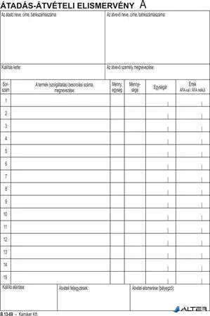 Nyomtatvány, átadás-átvételi elismervény, 25x3, A5, VICTORIA PAPER "B.13-69", 10 tömb/csomag