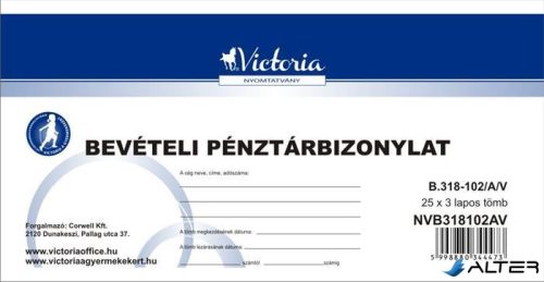 Nyomtatvány, bevételi pénztárbizonylat, 25x3, VICTORIA PAPER "B.318-102", 10 tömb/csomag