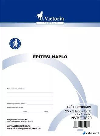 Nyomtatvány, építési napló, 25x3 + 9x3 betétlap, A4, VICTORIA PAPER "B.ÉTI.820", 10 tömb/csomag