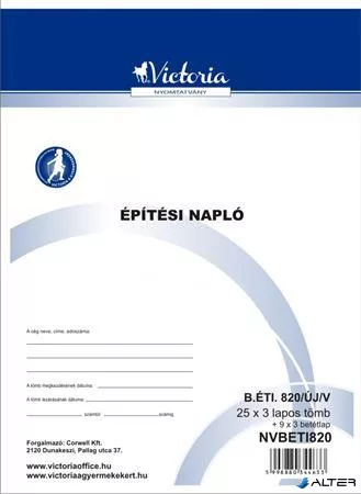 Nyomtatvány, építési napló, 25x3 + 9x3 betétlap, A4, VICTORIA PAPER "B.ÉTI.820", 10 tömb/csomag