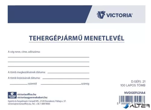 Nyomtatvány, menetlevél, tehergépjármű, 100 lap, A4, fekvő, VICTORIA PAPER, "D.GÉPJ.21.", 10 tömb/csomag