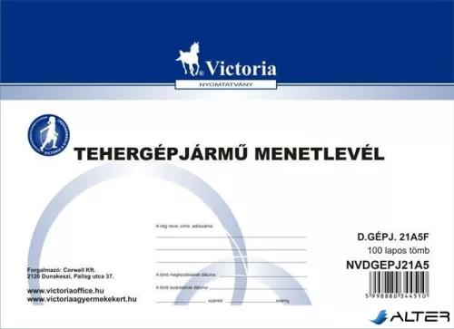 Nyomtatvány, menetlevél, tehergépjármű, 100 lap, A5, fekvő, VICTORIA PAPER, "D.GÉPJ.21.", 10 tömb/csomag