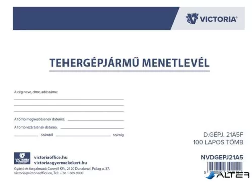Nyomtatvány, menetlevél, tehergépjármű, 100 lap, A5, fekvő, VICTORIA PAPER, "D.GÉPJ.21.", 10 tömb/csomag
