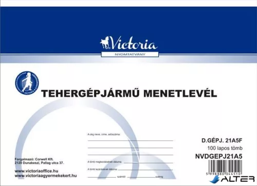 Nyomtatvány, menetlevél, tehergépjármű, 100 lap, A5, fekvő, VICTORIA PAPER, "D.GÉPJ.21.", 10 tömb/csomag