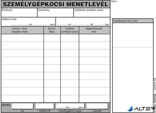 Nyomtatvány, menetlevél, személygépkocsi, 100 lap, A5, fekvő, VICTORIA PAPER, "D.GÉPJ.36.", 10 tömb/csomag