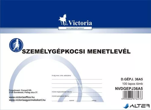 Nyomtatvány, menetlevél, személygépkocsi, 100 lap, A5, fekvő, VICTORIA PAPER, "D.GÉPJ.36.", 10 tömb/csomag