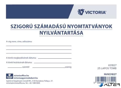 Nyomtatvány, szigorú számadású nyomtatványok nyilvántartása, 25 lap, A4, VICTORIA PAPER, 10 tömb/csomag