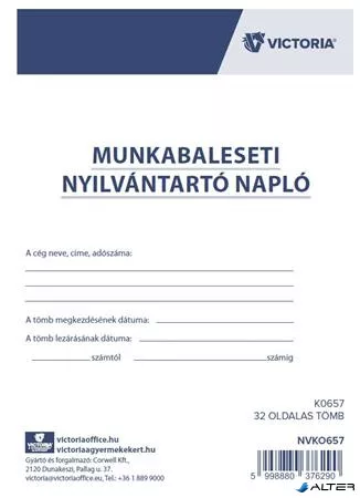 Nyomtatvány, munkabaleseti nyilvántartó napló, 32 oldal, A4, VICTORIA PAPER, 10 tömb/csomag