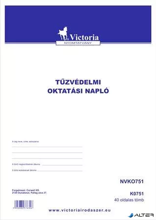 Nyomtatvány, tűzvédelmi oktatási napló, 40 oldal, A4, VICTORIA PAPER, 10 tömb/csomag